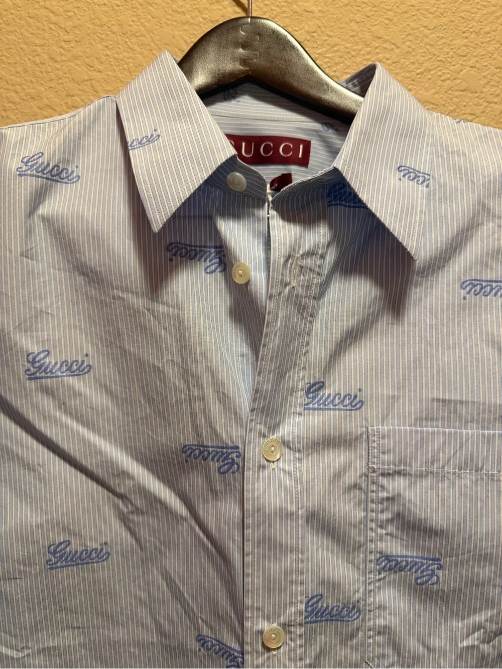 New Authentic Gucci Logo Button Up Casual Shirt White Blue Size IT 50 / US L